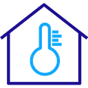 Icon of a blue thermometer inside a house outline, representing home temperature.