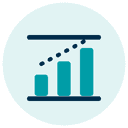 Bar chart icon with upward trend line on a teal circle background.
