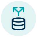 Icon of a database with an upward branching arrow on a teal circle background, symbolizing data management or distribution.