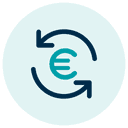 Circular arrows surrounding a euro symbol on a teal circle background.