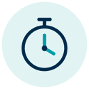 Icon of a stopwatch with a teal background, featuring dark blue markings and hands indicating time.