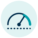 A speedometer icon with a dial and needle pointing to the right, indicating speed or progress, set against a teal circular background.