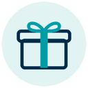 Icon of a gift box with a bow on top, enclosed in a teal circle background.