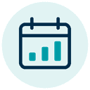 Icon of a calendar with increasing bar graph bars inside on a teal circular background.